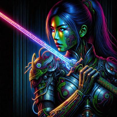 The primary subject of the image is a woman with a sword. She is wearing a futuristic outfit and holding a sword in her right hand. The setting appears to be a futuristic environment, possibly a video game or anime scene. The visual style is digital art, with the woman's outfit and the sword being the main focus of the image. The colors and mood of the image are vibrant and energetic, with the woman's outfit and the sword being the main elements that create the atmosphere.